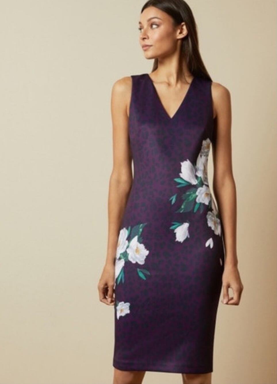 Ted Baker Toriy Wilderness Bodycon Dress 3 US 8 M Purple Floral V Neck